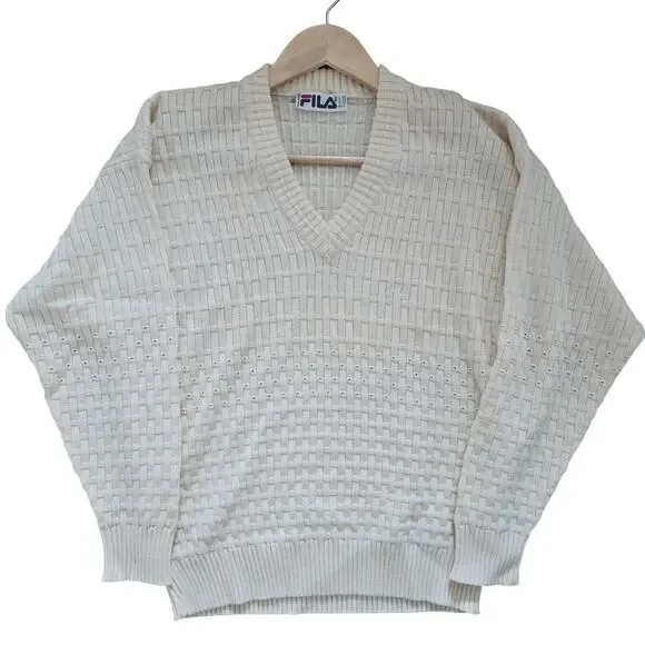 Vintage FILA Womens Wool V-neck Intrecciato 3D Knit Tennis Sweater US 6 Ivory - Picture 1 of 8